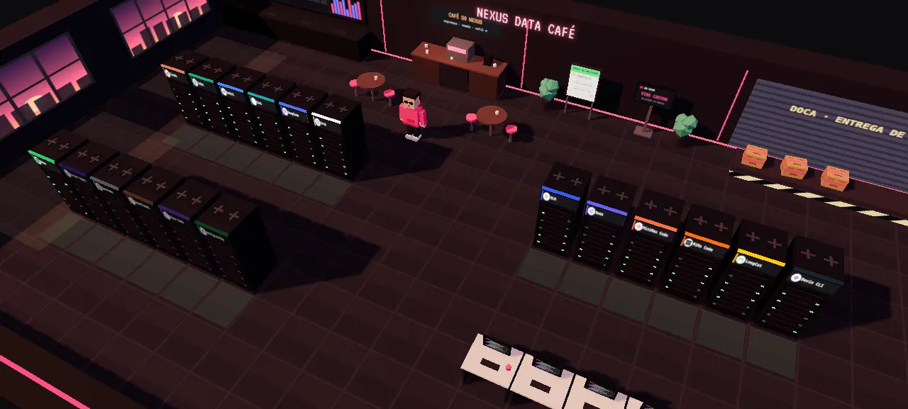 O Nexus Data Café: um data center ao entardecer com racks das LLMs do Nexus, a cafeteria, a doca de GPUs e o dev de plantão de moletom rosa.
