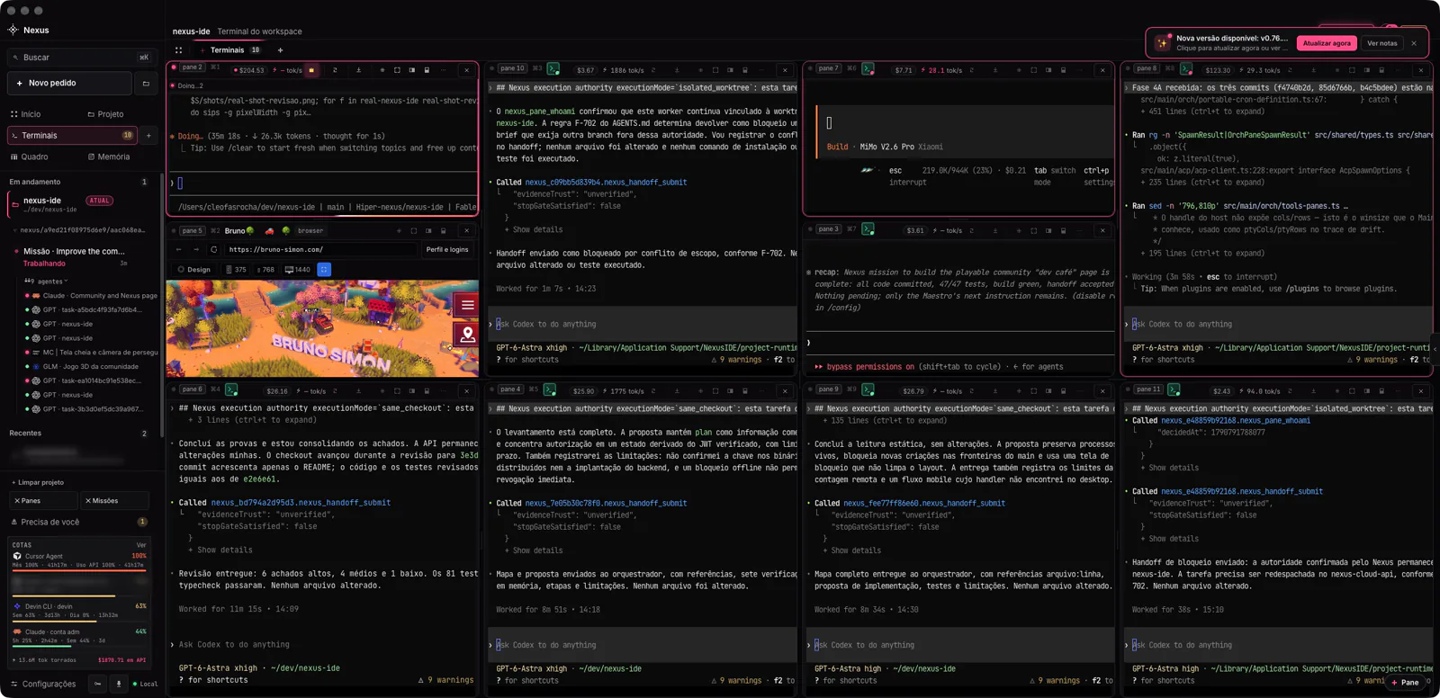 Janela real do NexusIDE: barra lateral com a missão e nove agentes, nove panes de terminal com Codex, Claude, MiMo e GLM, um pane de navegador e o painel de cotas por conta.